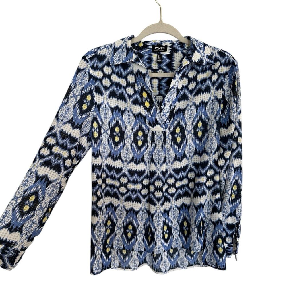 Jones New York S Blue Ikat bands indigo indie blouse top comfort work summer